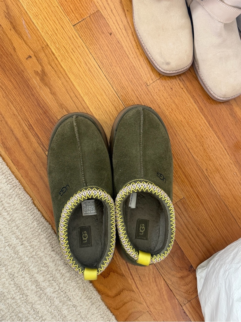 UGG Olive Green Suede Slip-Ons with Yellow Accent